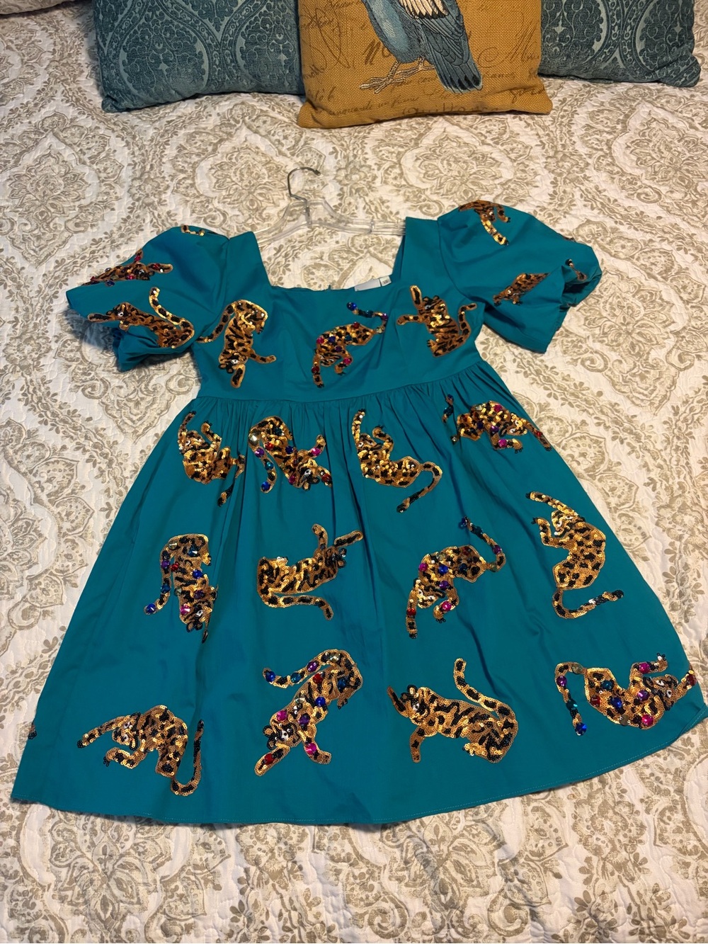 QUEEN OF SPARKLES Teal Mini Dress with Gold Sequin Leopard Appliqué